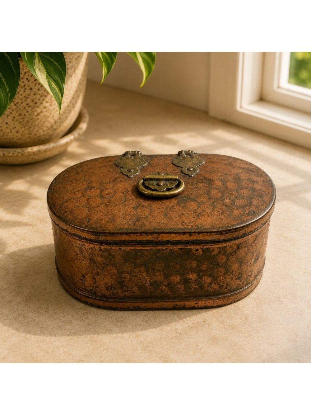 Vintage Hammered Copper & Brass Oval Trinket Box With Hinged Lid